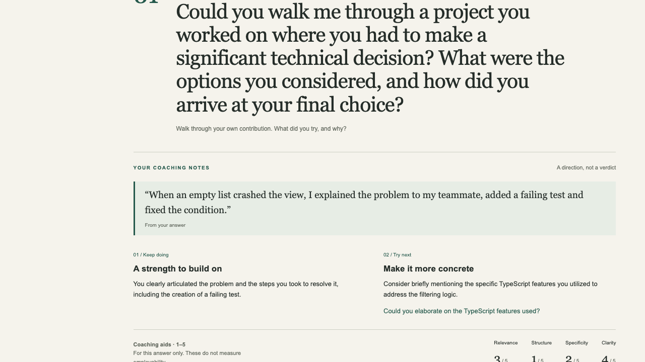 Practice Room showing a project interview question, a quote from the candidate's answer, one strength, one improvement and coaching scores.